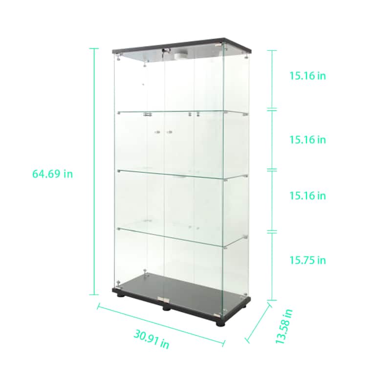 Tempered Glass Display Cabinet with Door Lock, Adjustable Feet and Colorful LED Lights, Wine Storage Curio Cabinet