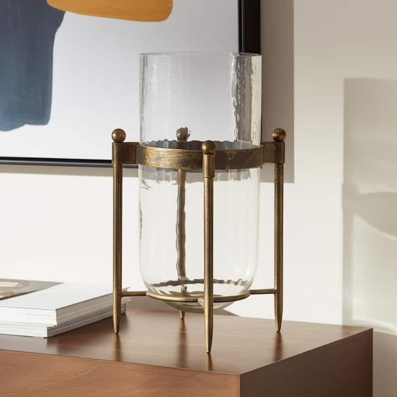 14" Bronze And Clear Glass And Metal Tabletop Hurricane Candle Holder - Clear/Bronze