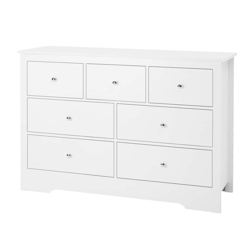 White Particleboard MDF Dresser with 7 Drawers, Metal Handles