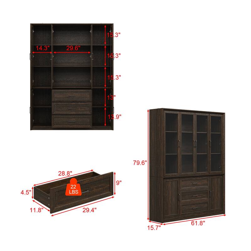61.8" W Kitchen Pantry Cabinet, Freestanding Cupboard with Glass Doors