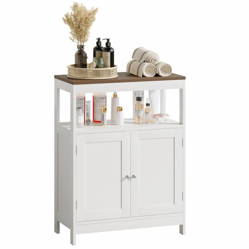 Modern Storage Cabinet with Double Doors, Freestanding Wood Organizer with Open Shelf and Natural Wood Top