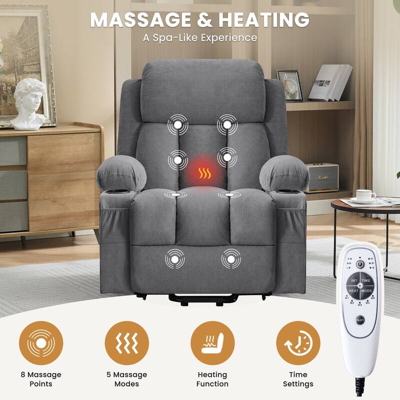 Power Lift Recliner Chair with Heat and Massage Electric Fabric Recliner Chair with Side Pocket, USB Charge Port, Remote Control