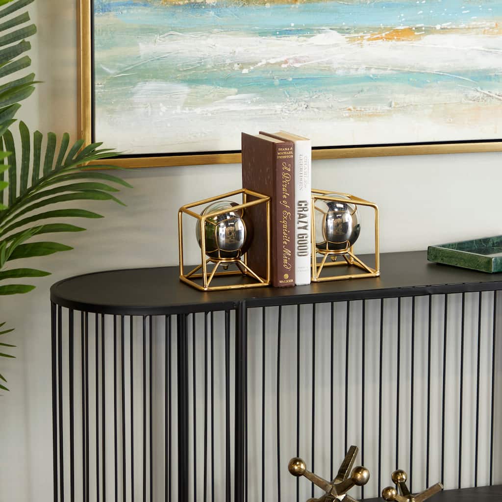 Silver Stainless Steel Orb Geometric Bookends with Gold Base - 5.10W x 5.15 L x 5.85H