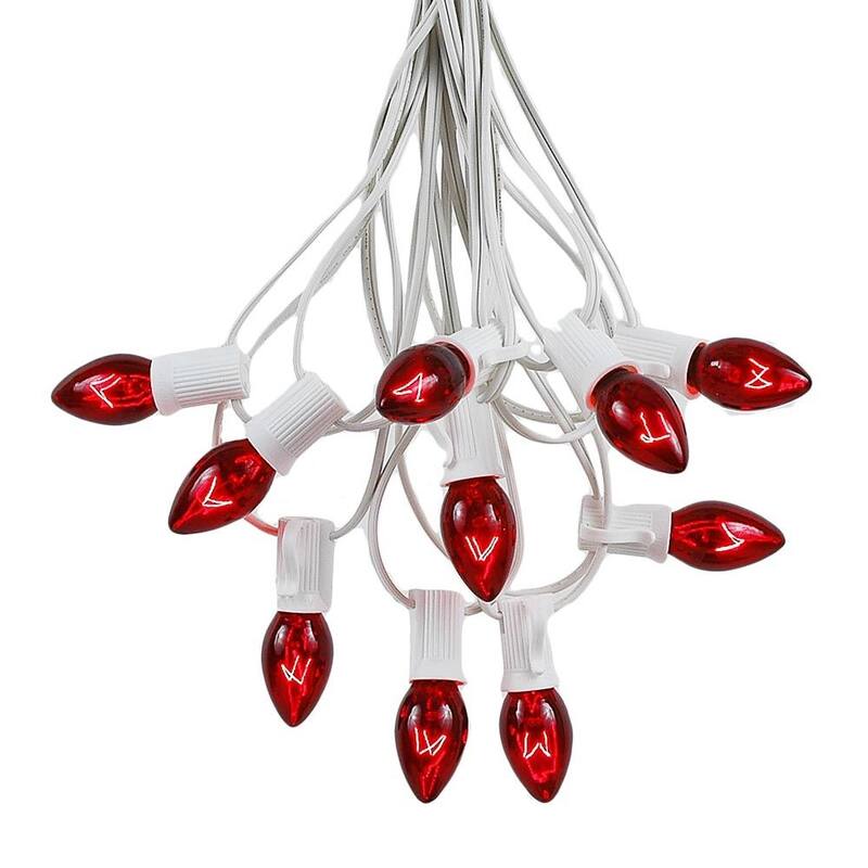100 Foot C7 Christmas Light Set, Hanging Patio String Lights, White Wire - Red