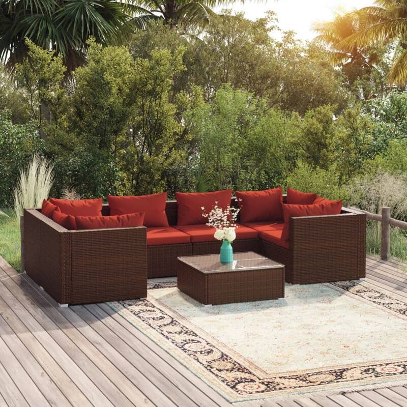 vidaXL Patio Lounge Set Outdoor Sectional Sofa Set Table Garden Poly Rattan - 27.6" x 27.6" x 23.8" - Brown/Cinnamon red 7 Piece
