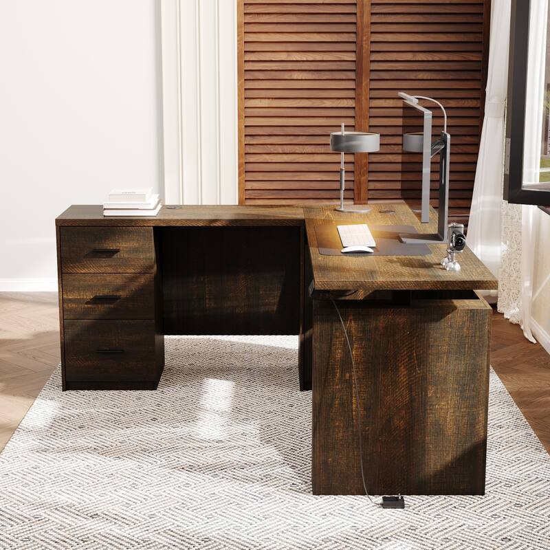 63" L Shaped Electric Standing Desk with Storage Drawers – Height Adjustable Executive Desk, Dark Brown Wood