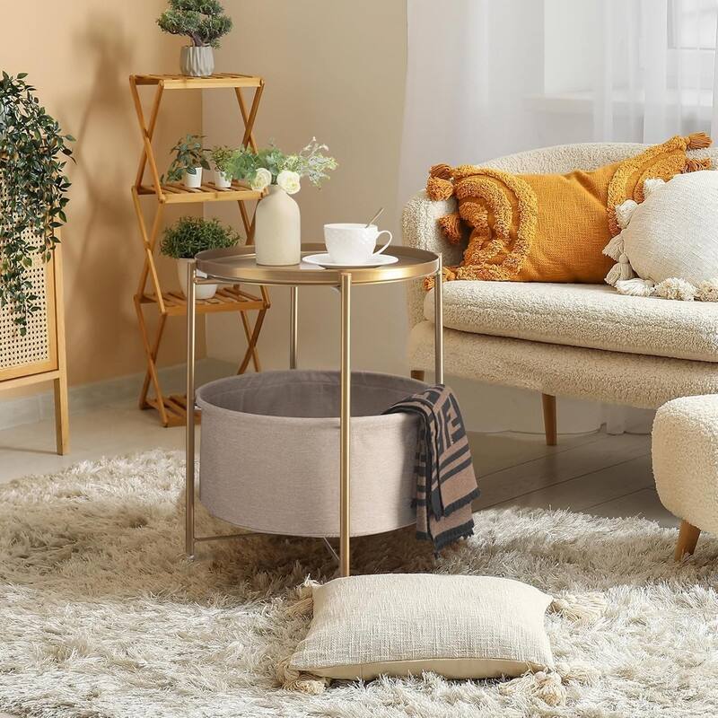 Side Table with Fabric Storage Basket Table Nightstand