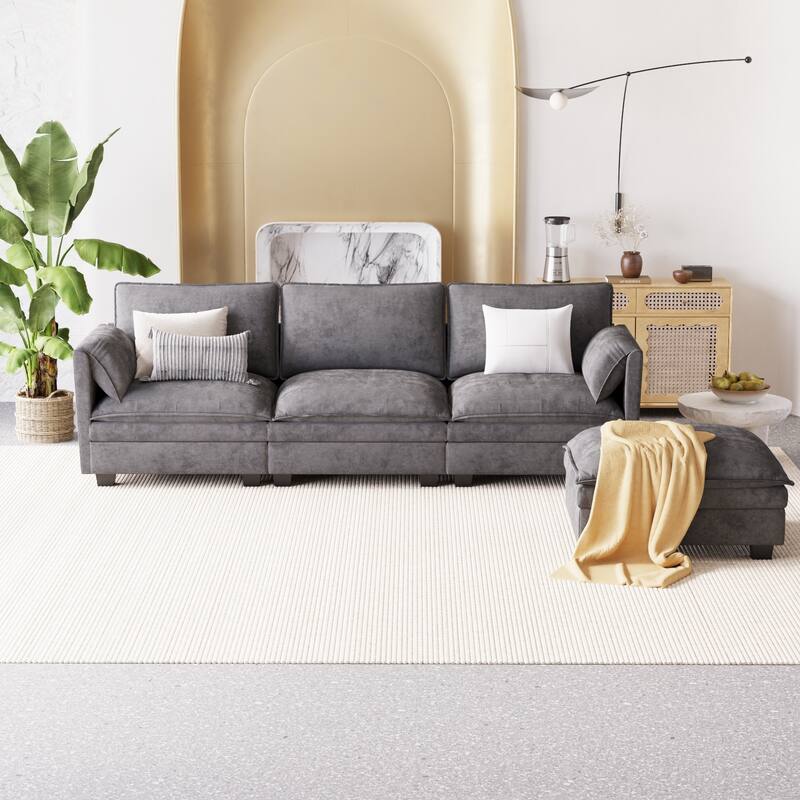 L-Shaped Sectional Sofa with Movable Ottoman, Fabric Upholstered 3 Seater Sofa, Deep Seat Sofa with Side Pockets