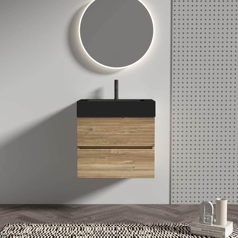 GDFStudio - Grace Wall-Mounted Bathroom Vanity with Engineered Quartz Sink & Soft Close Drawers, without Drainage and Faucet - 24" - Oak+Black