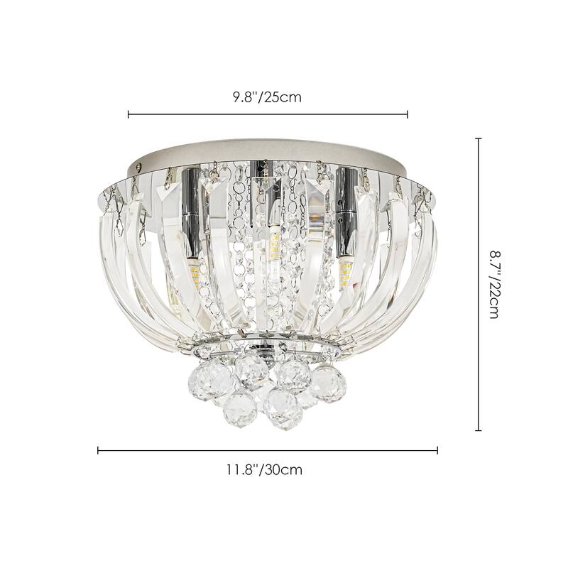 3-Light Transitional Metal & Crystal Flush Mount with Sparkling Clear Crystal Shade for Living Room - 11.8 in. W x 8 in. H