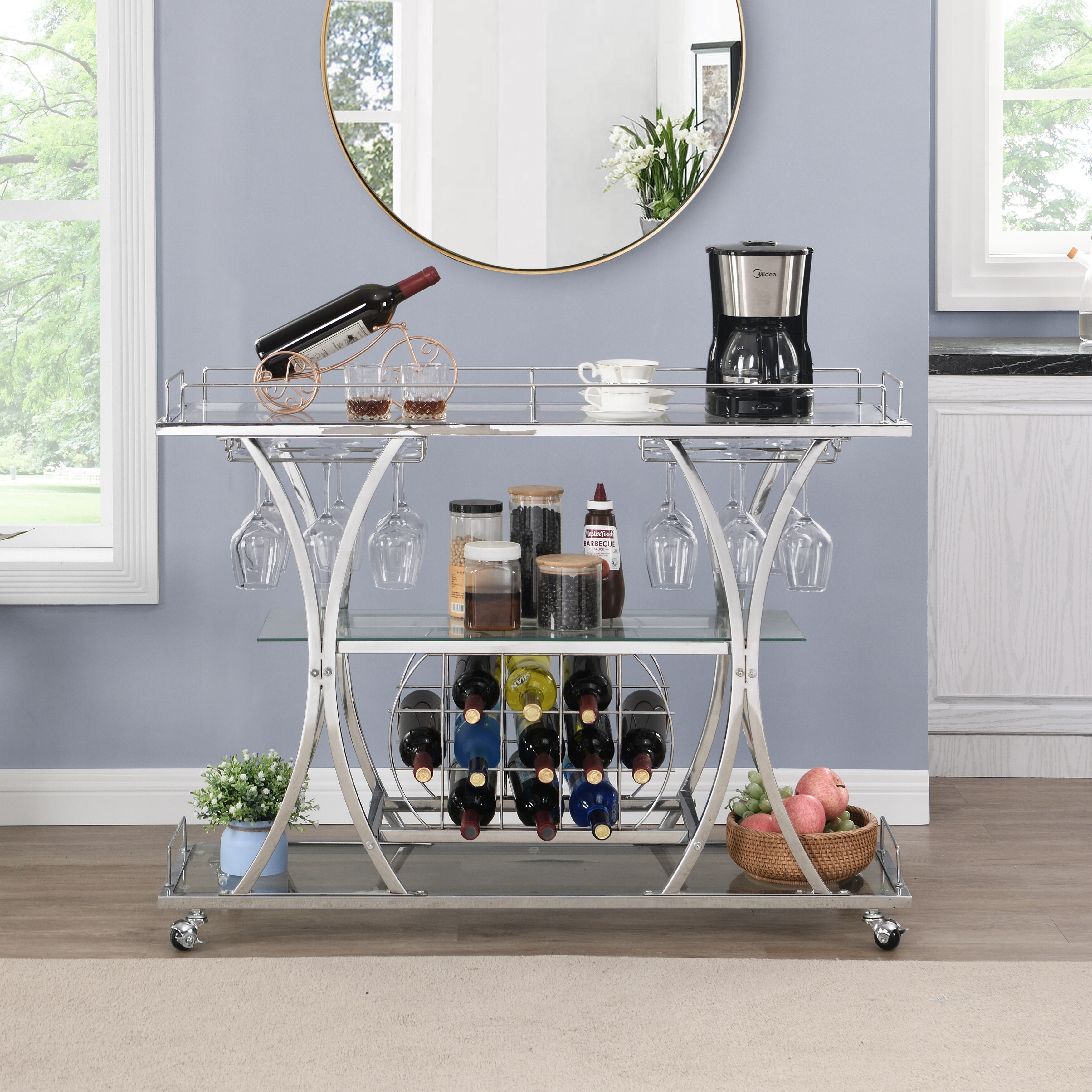 Myhozm 3-tier Serving Metal Bar Cart with Tempered Glass