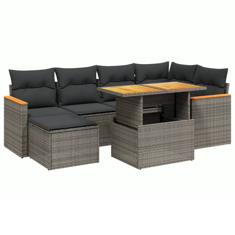 vidaXL Patio Sofa Set with Cushions Stool and Sofas 7 Piece Poly Rattan Acacia - 21.7 x 39.4 x 28.7 in