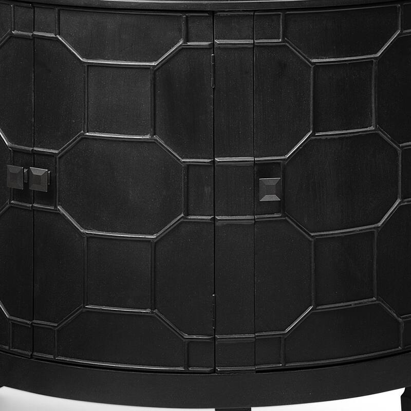 HomeRoots 39" Black Wood Demilune Carved Geometric Accent Cabinet With Four Doors