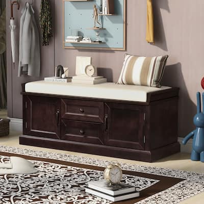 Storage Shoes Bench with 2 Drawers, 2 Cabinets and Removable Cushion