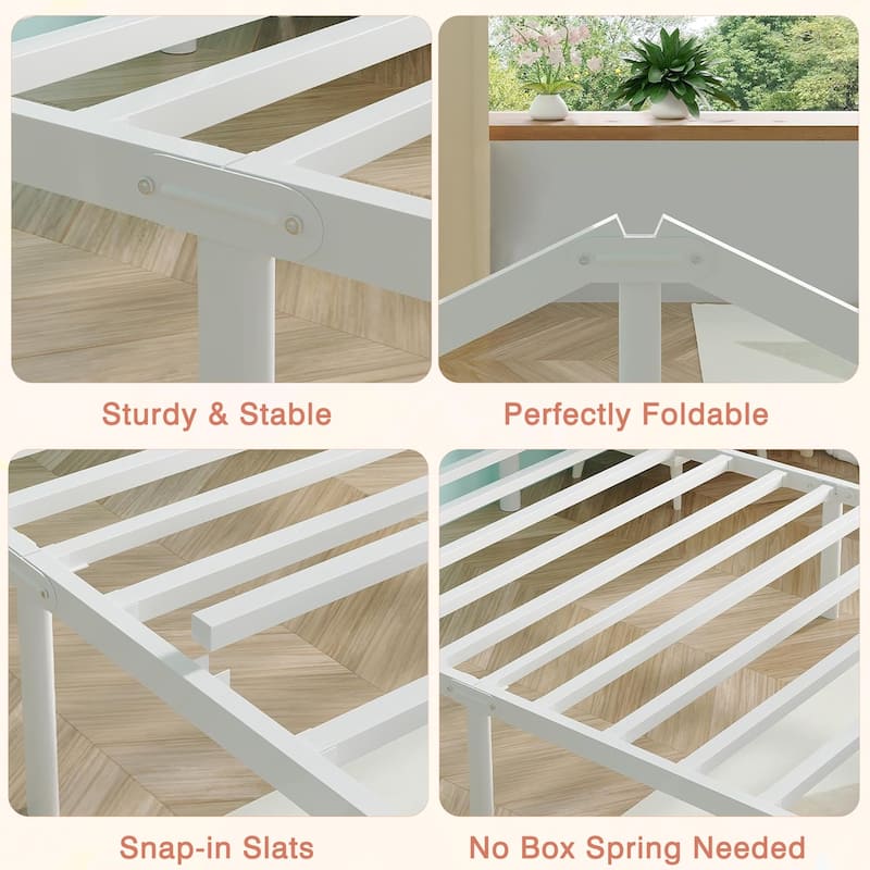 VECELO Classic Twin Size Metal Bed Frame Shell Design with Roman Columns Sturdy Twin Bed Frame for Kids Space-Saving Twin Bed