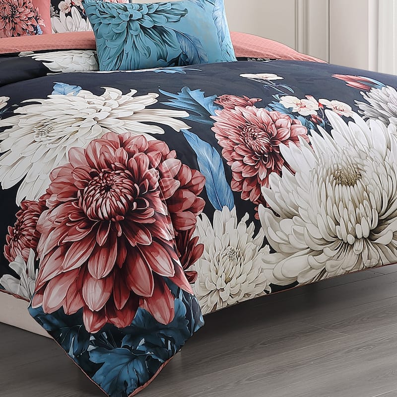 Bebejan Navy Mums 100% Cotton Sateen 5 Piece Reversible Comforter Set