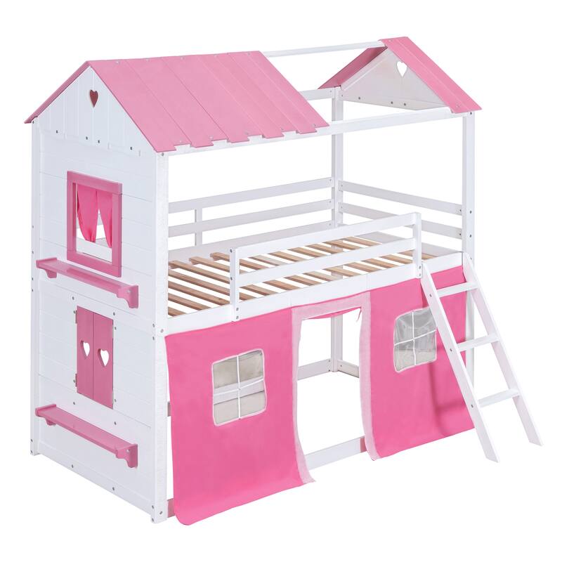 Pink+White Twin Size Wood Castle House Bunk Bed with Windows, Sills, Tent, and Slide, Playhouse Design