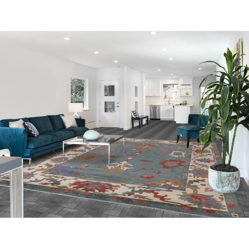 Floral Blue Oushak Indian Area Rug Handmade Wool Carpet - 9'3"x 12'0"