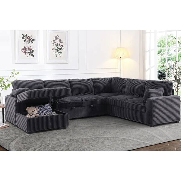 Oversized Upholstered Corduroy Sleeper Sectional Sofa With Storage Chaise