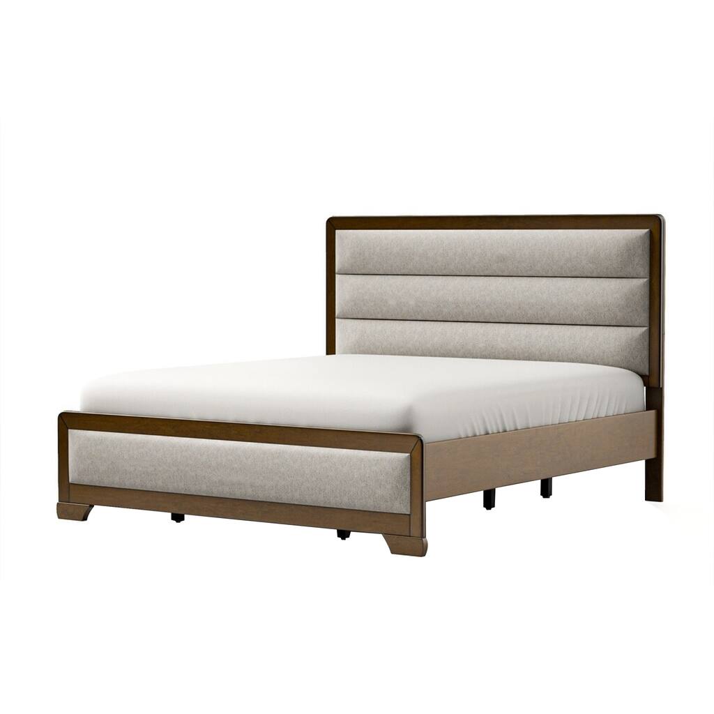 Cair Queen Bed, Channel Tufted Light Gray Fabric Upholstered, Brown