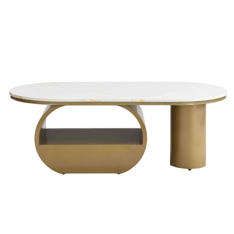 Luxury Modern Oval Coffee Table, 47.24'' Coffee Table with Storage Drawer, Marble Top, Golden Metal Center Table for Living Room