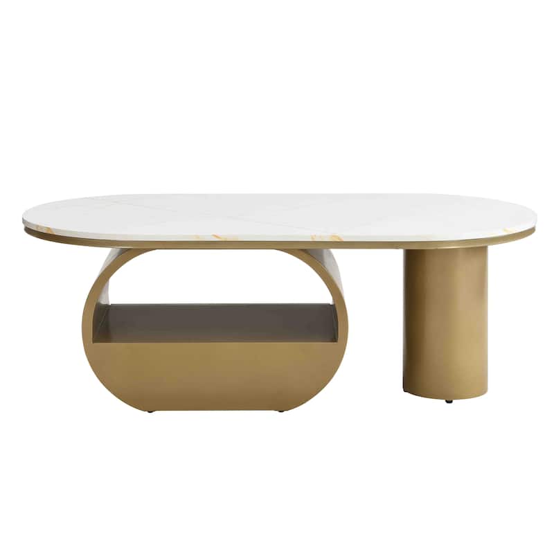 Modern Coffee Table with Storage Drawer & Shelf, Oval Accent Table with Adjustable Feet & Marble Top