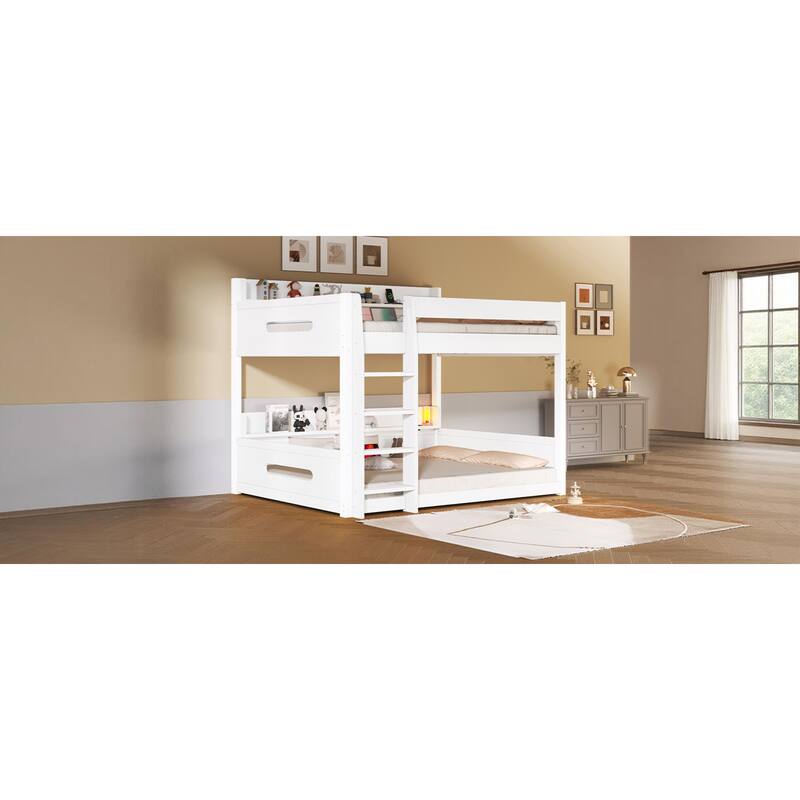 Roomfitters Queen Over Queen Bunk Bed with Storage Shelves and USB Ports