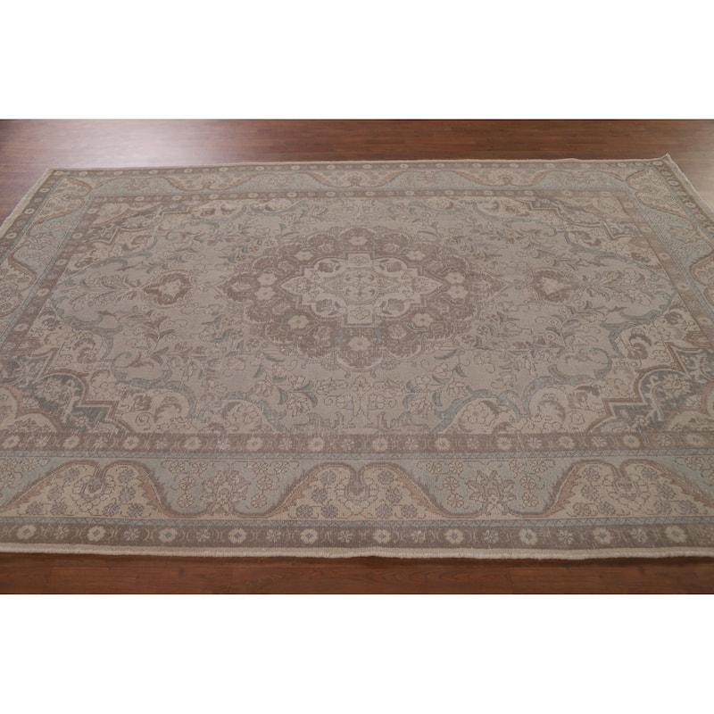 Grey Distressed Tabriz Persian Antique Rug Hand-knotted Wool Carpet - 6'5" x 9'4"