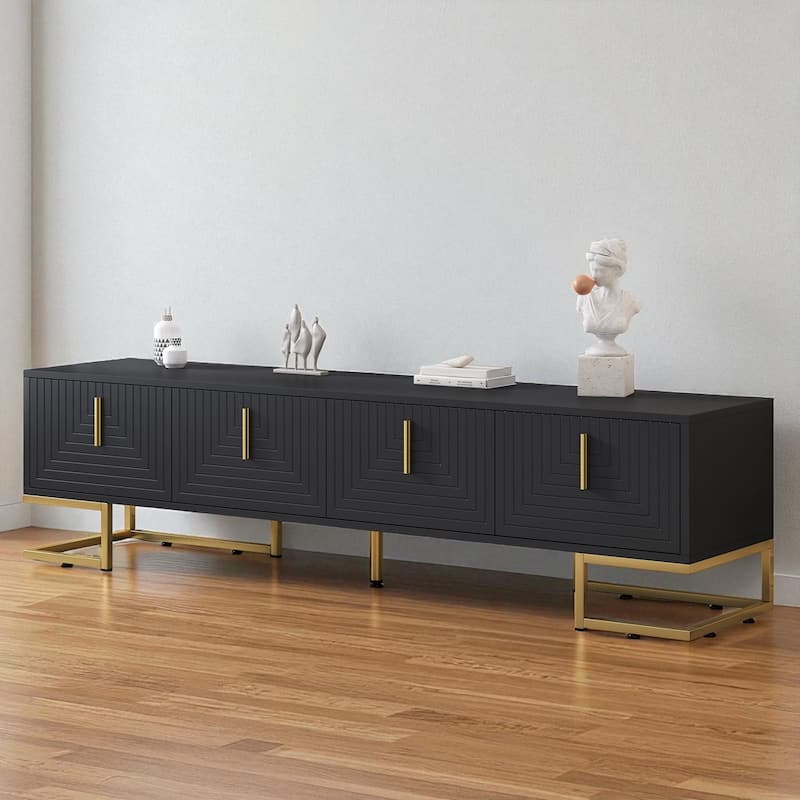 Luxury Black TV Cabinet with Geometric Line Doors, Adjustable Shelves & Cable Holes, Media Console for 80 Inch TV