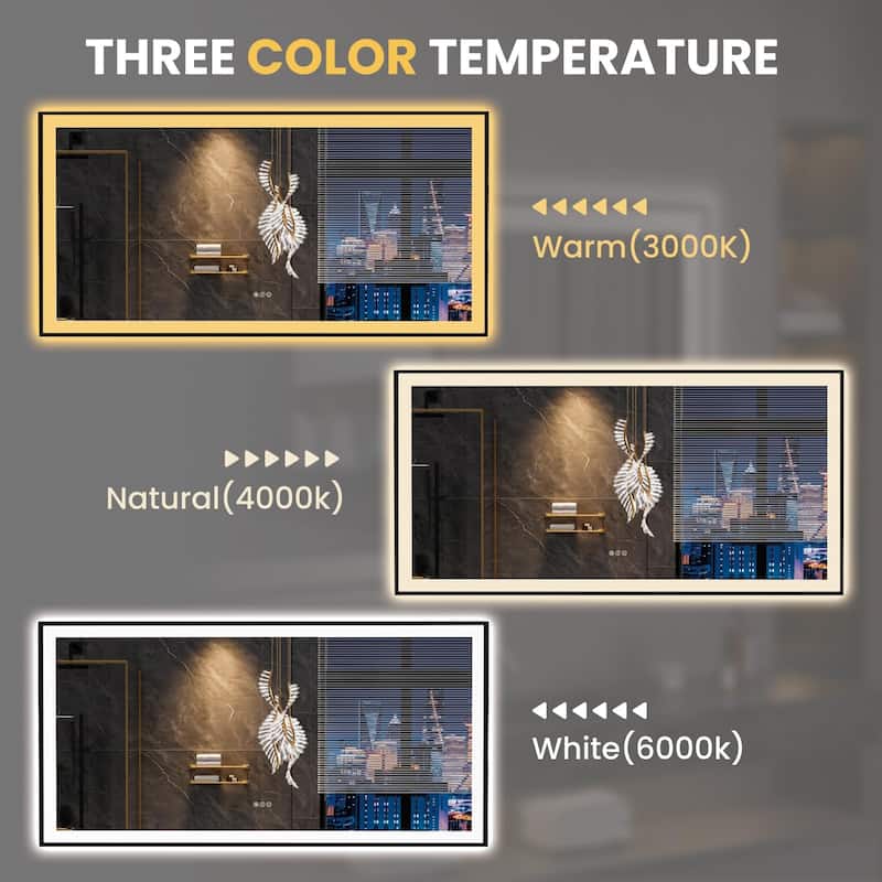 72x36 Inch Frameless LED Bathroom Mirror Smart Dimmable Anti Fog Tempered Glass White