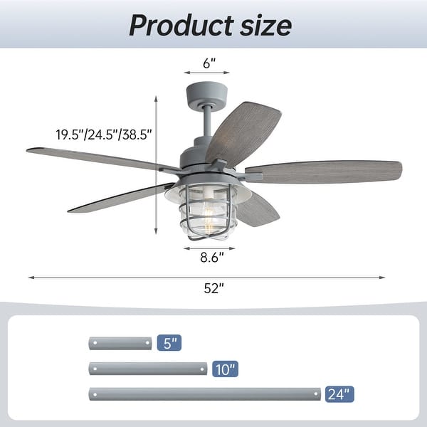 dimension image slide 3 of 5, 52/66-In Farmhouse Style Industrial Windmill Large Ceiling Fan with Light and Remote