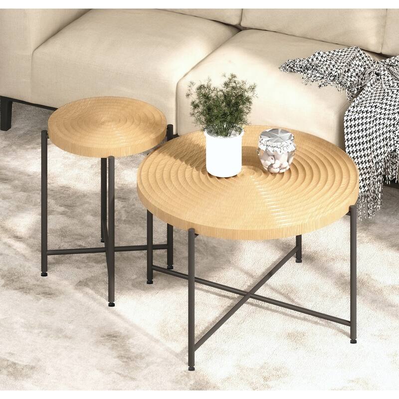 2-Piece Coffee and End Table Set - Waterproof MDF with PVC Cover, Distressed Cylindrical Design