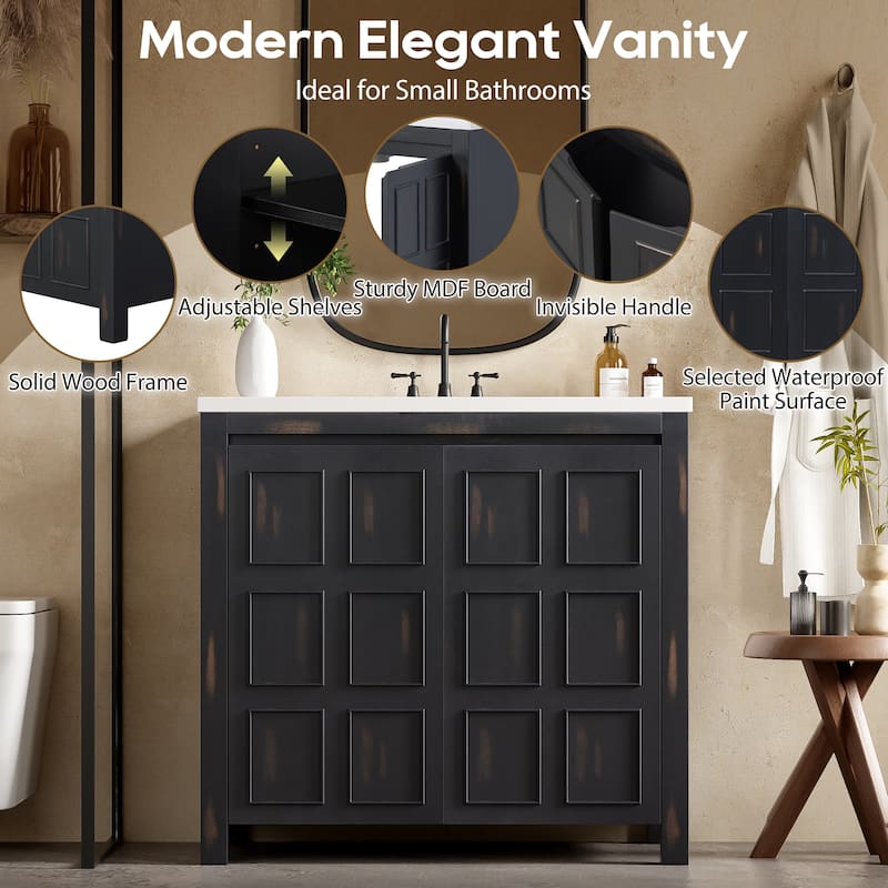 GDFStudio - Elysia Wood & Ceramic Bathroom Vanity with Sink & Storage Cabinet Organizer