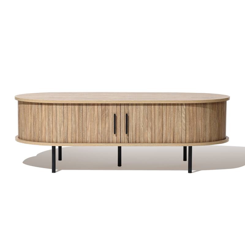 Mid-Century Modern Coffee Table with Storage and Slatted Sliding Doors - 15.7" H x 47.2" W x 23.6" D