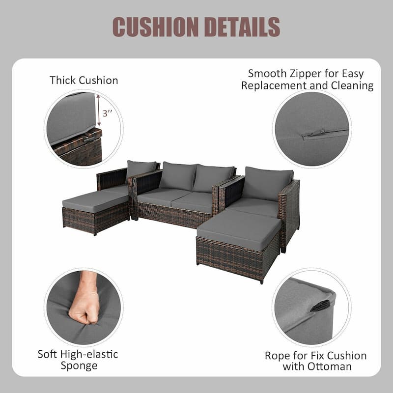 5 Pieces Patio Cushioned Rattan Furniture Set - 50" x 30.5" x 29" (L x W x H)
