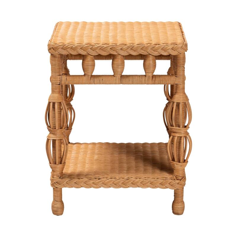 Dolby Natural Rattan End Table - Handwoven Wicker Side Table with Lower Shelf, Coastal Boho Style Accent Table