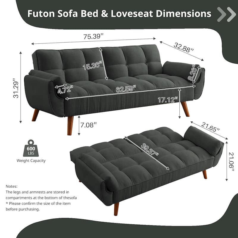 75.39 IN. Futon Sofa Bed, Convertible Upholstered Couch Sleeper with Reclining Sleeper Split Tufted Back