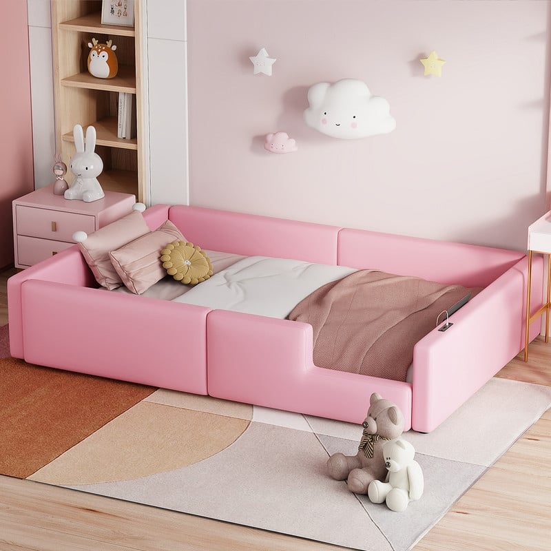 Twin Size Upholstered Platform Bed with Guardrail and Charging Station