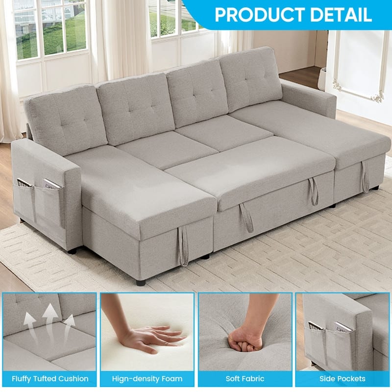 98"W 4-Seater Modular Sleeper Sofa Bed with Storage Chaise,U-shaped Sofa with Pull-out Bed