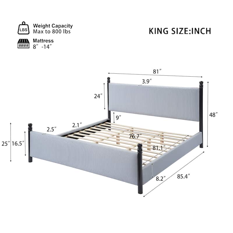 Christopher Knight Home - Modern Striped Upholstered Wood Bed Frame with High Padded Headboard & Soundproofed