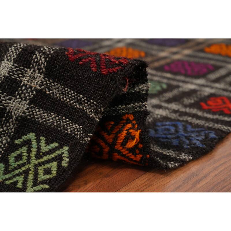 Hand Woven Oriental 100% Wool Carpet Southwestern All-Over Black Kilim Area Rug - 11' 1'' X 5' 9''