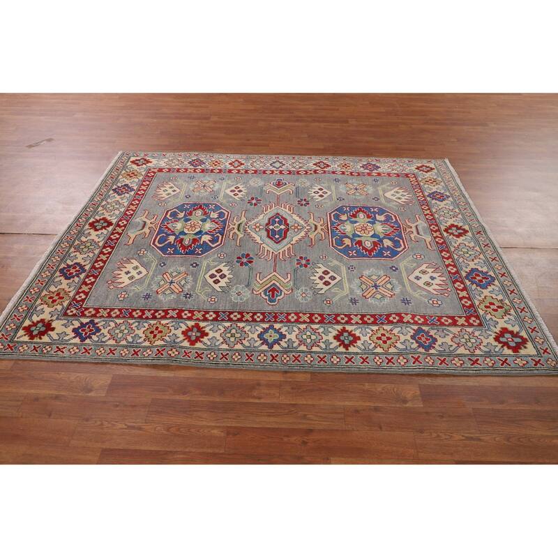 Gray Geometric Kazak Area Rug Hand-Knotted Wool Carpet - 5'2" x 6'7"