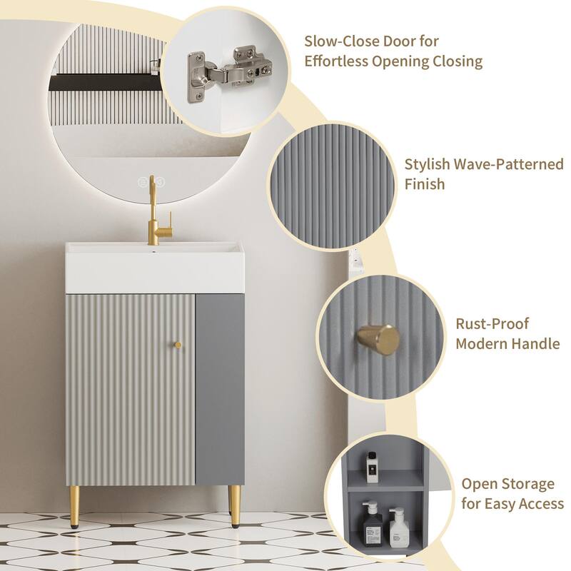 Compact White Bathroom Vanity with Ceramic Sink, Soft-Closing Cabinet, and Brushed Copper Accents for Small Spaces