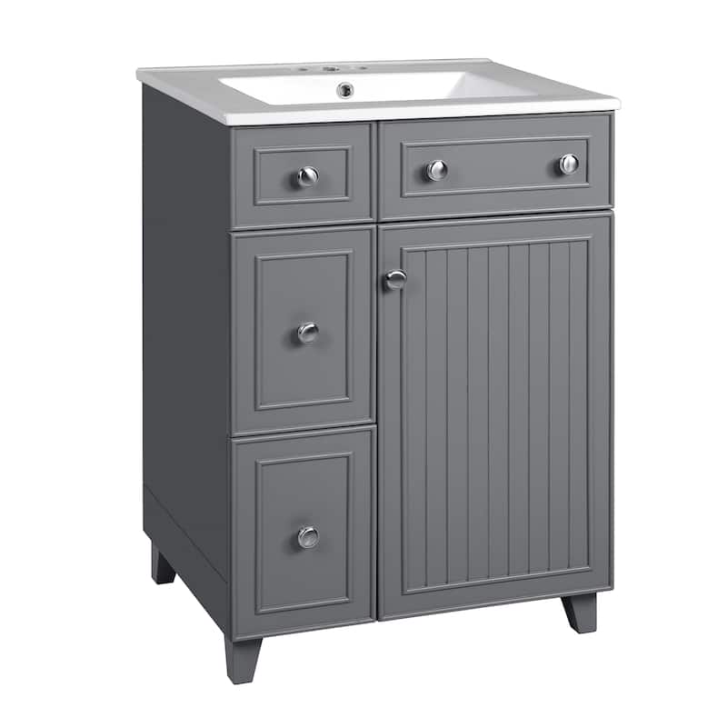 24" Gray Bathroom Vanity Cabinet with Ceramic Sink - Grey
