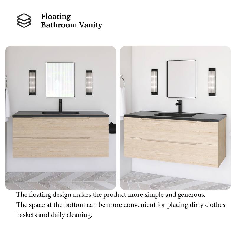 Floating Bathroom Vanity in Evita Oak with Integrated Quartz Sand Top