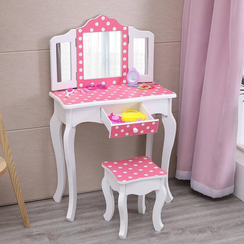 Kids Three-Fold Mirror Dressing Table Vanity Table Set