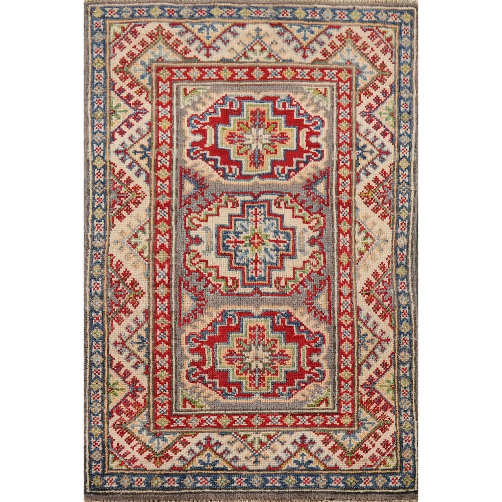 Hand Knotted Oriental 100% Wool Carpet Traditional Geometric Beige & Ivories Kazak Area Rug - 3' 0'' X 2' 0''