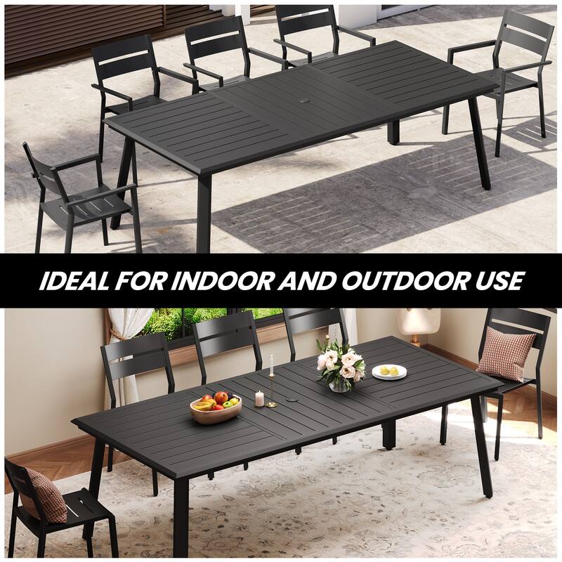 7/9/11 Piece Set Outdoor Aluminum Dining Table with Umbrella Hole for 6-10 Person and Stackable Dining Chairs