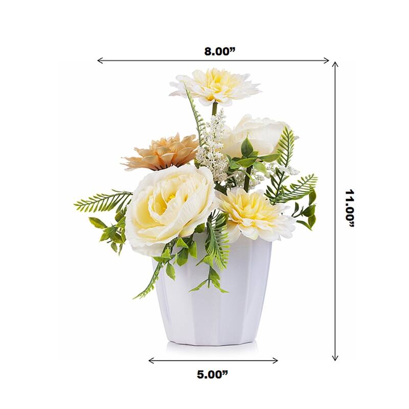 Enova Home Mixed Artificial Silk Peony and Dahlia Fake Flowers Arrangement in White Pot for Home Office Decoration