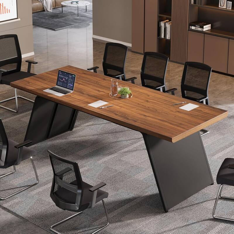 6.57 FT Conference Room Table, Modern Rectangle Executive Meeting Seminar Table with Walnut Wood Top & Black Metal Base - Walnut Brown & Black